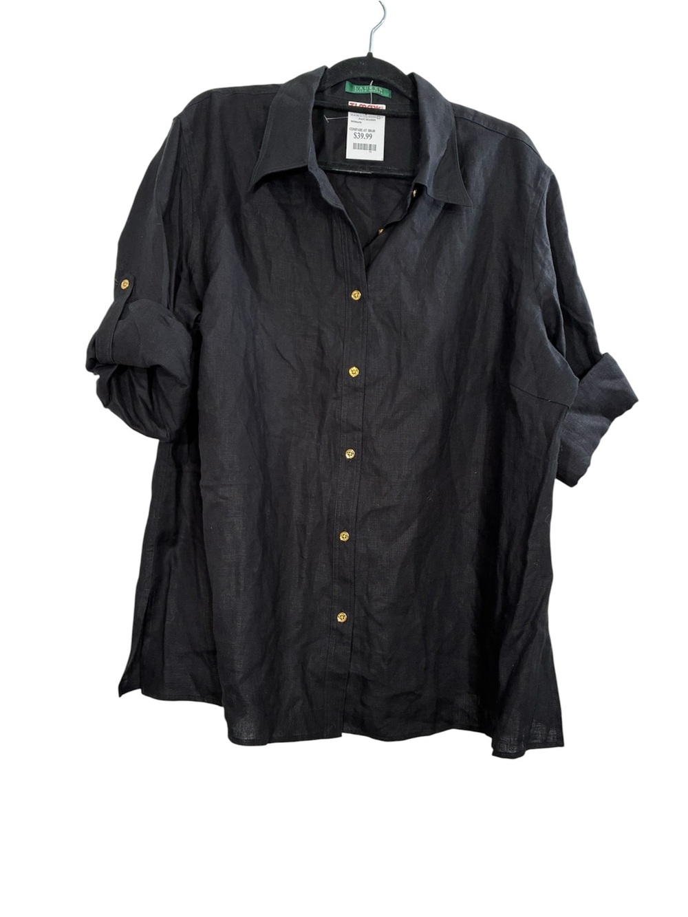 Ralph Lauren Black Button-Up Linen Blend Blouse